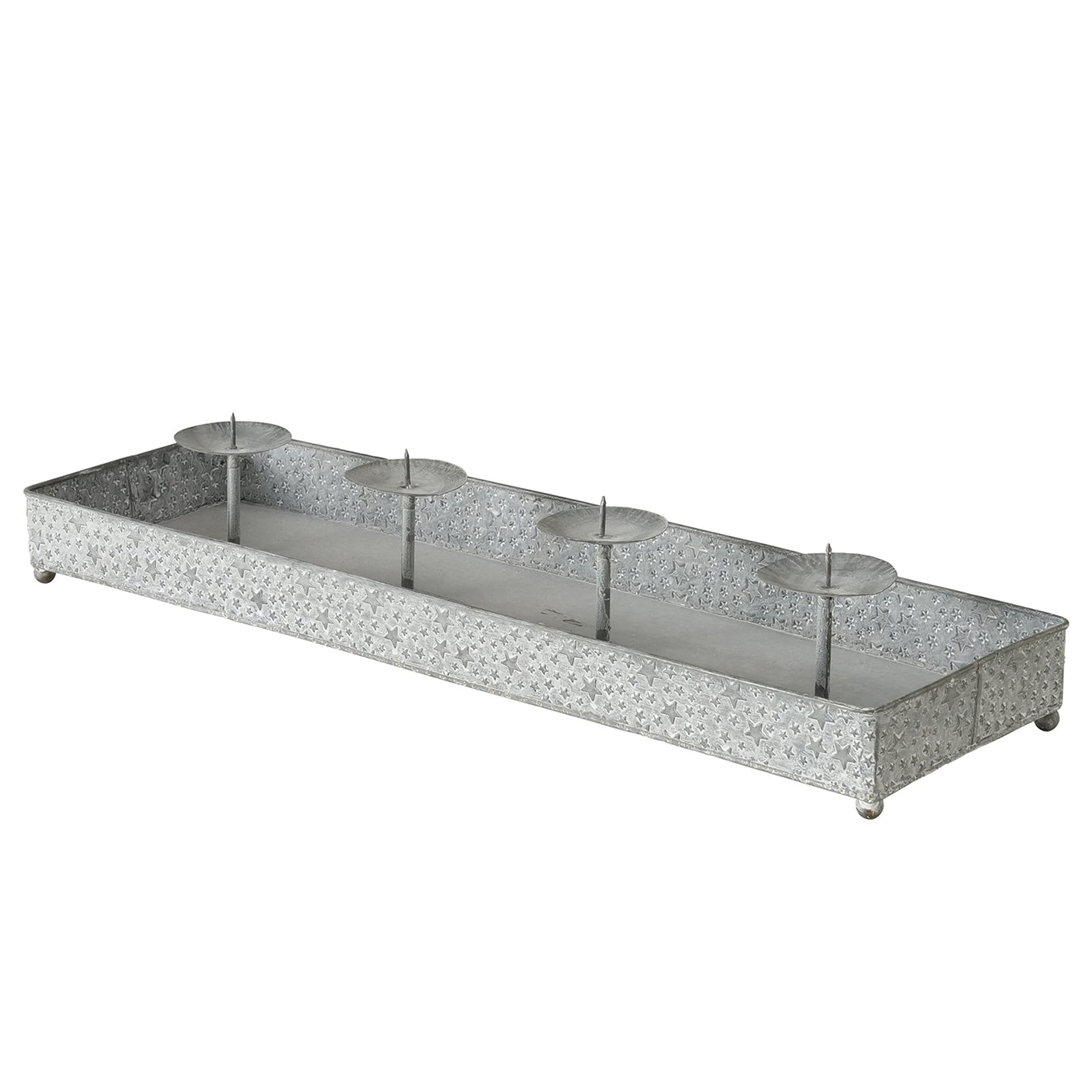 BOLTZE Kerzenleuchter Finno rechteckig I (LxH) 70x11cm I Kerzenständer aus Zink mit Sternen-Dekor I Advents-Kerzenhalter auf Tablett für 4 Stumpenkerzen I Tisch-Deko zu Weihnachten, Kranz, Wohnzimmer