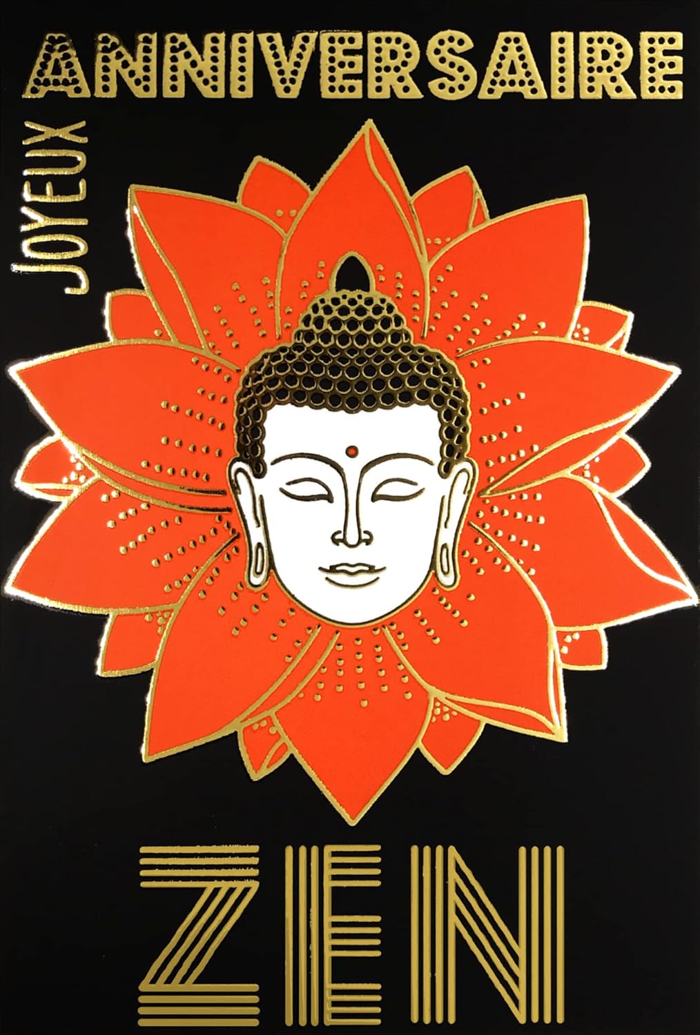 65-1408 Happy Birthday Zen Orange Lotus Flower Buddha Card in Shiny Gold Gold Relaxation Wellness Meditation Philosophy Decoration with White Envelope 17.5 x 12 cm