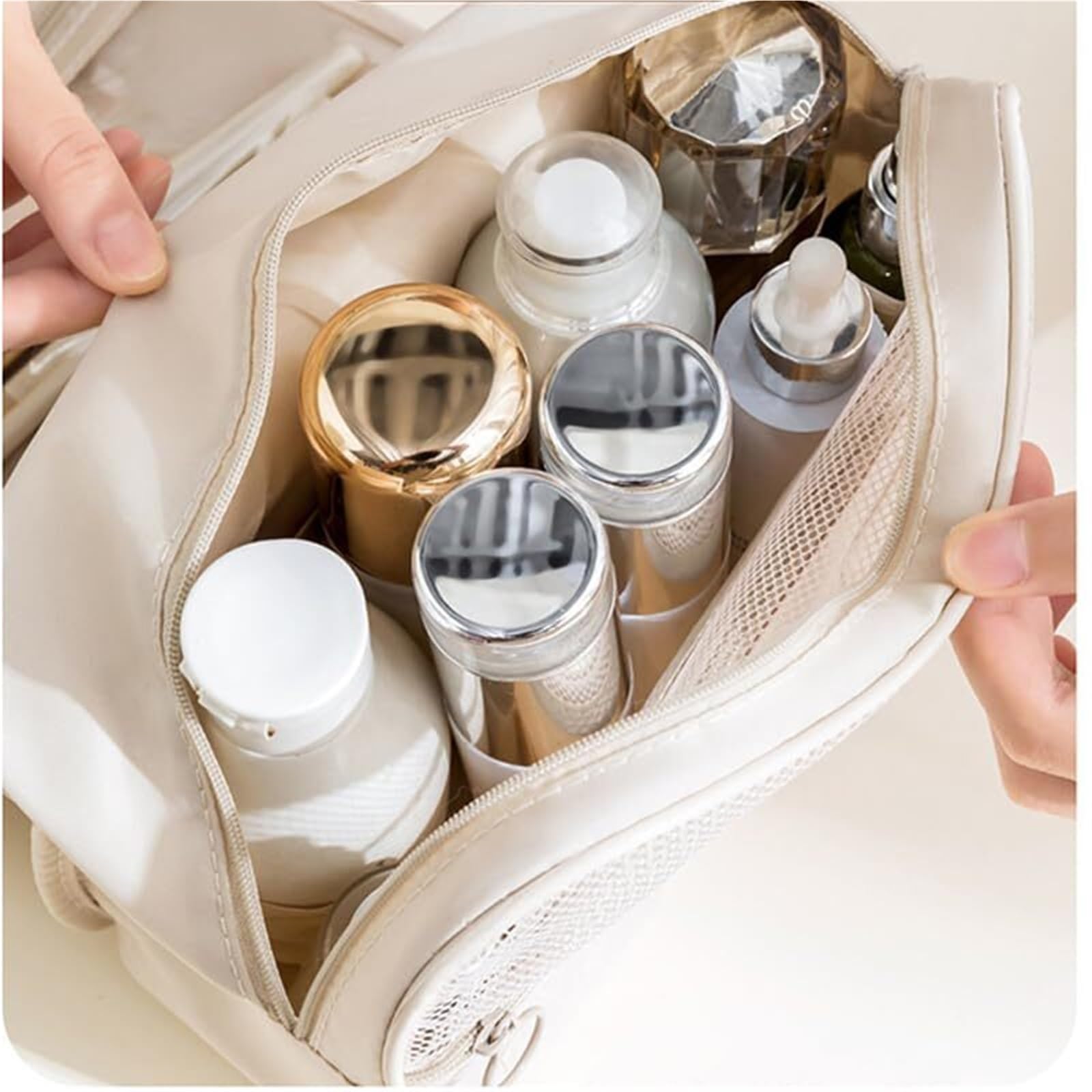 Neceser Maquillaje Bolsa de Aseo con Gancho for Colgar, Resistente al Agua, Organizador de Viaje for artículos de tocador de tamaño Completo. Viaje(Beige)