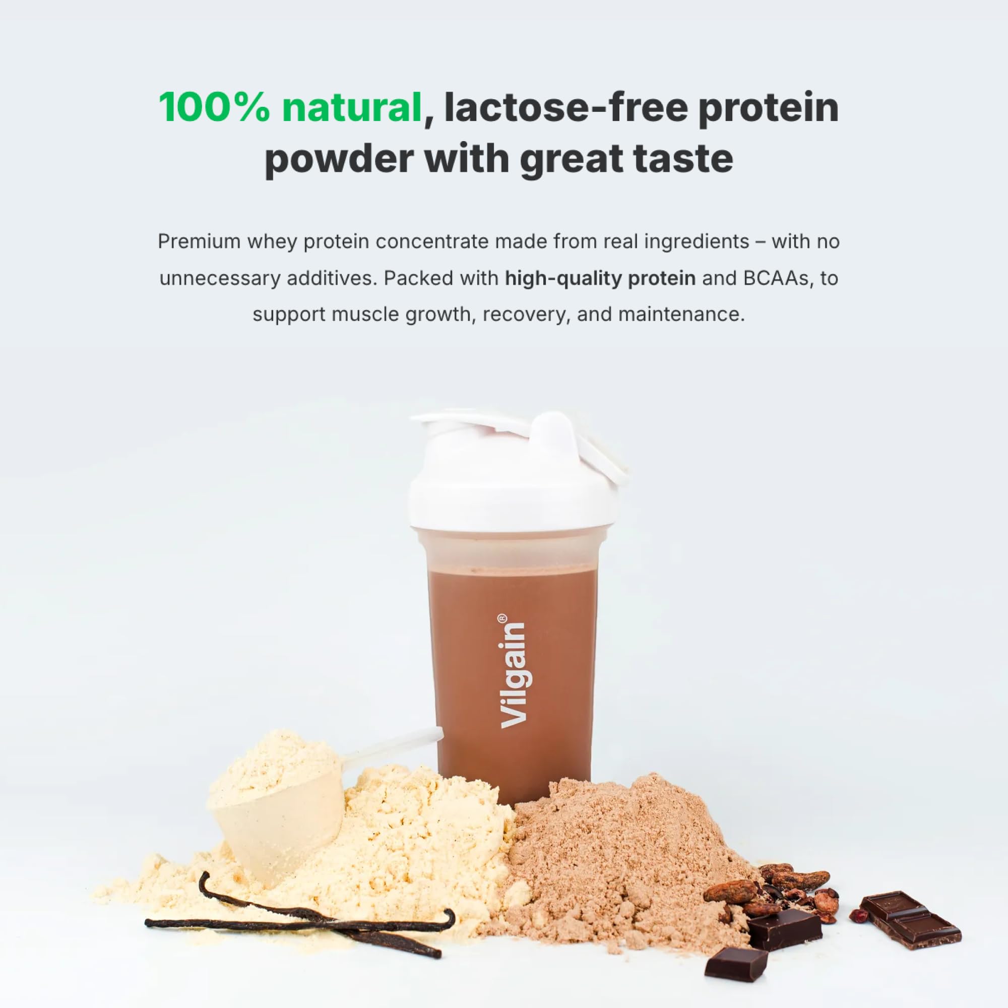 Vilgain Whey Protein sans lactose (1000g) Chocolate Shake – Protéine sans lactose de lait de pâturage, édulcorée à la stevia, ultrafiltrée & crémeuse, High Protein pour musculation & maintien