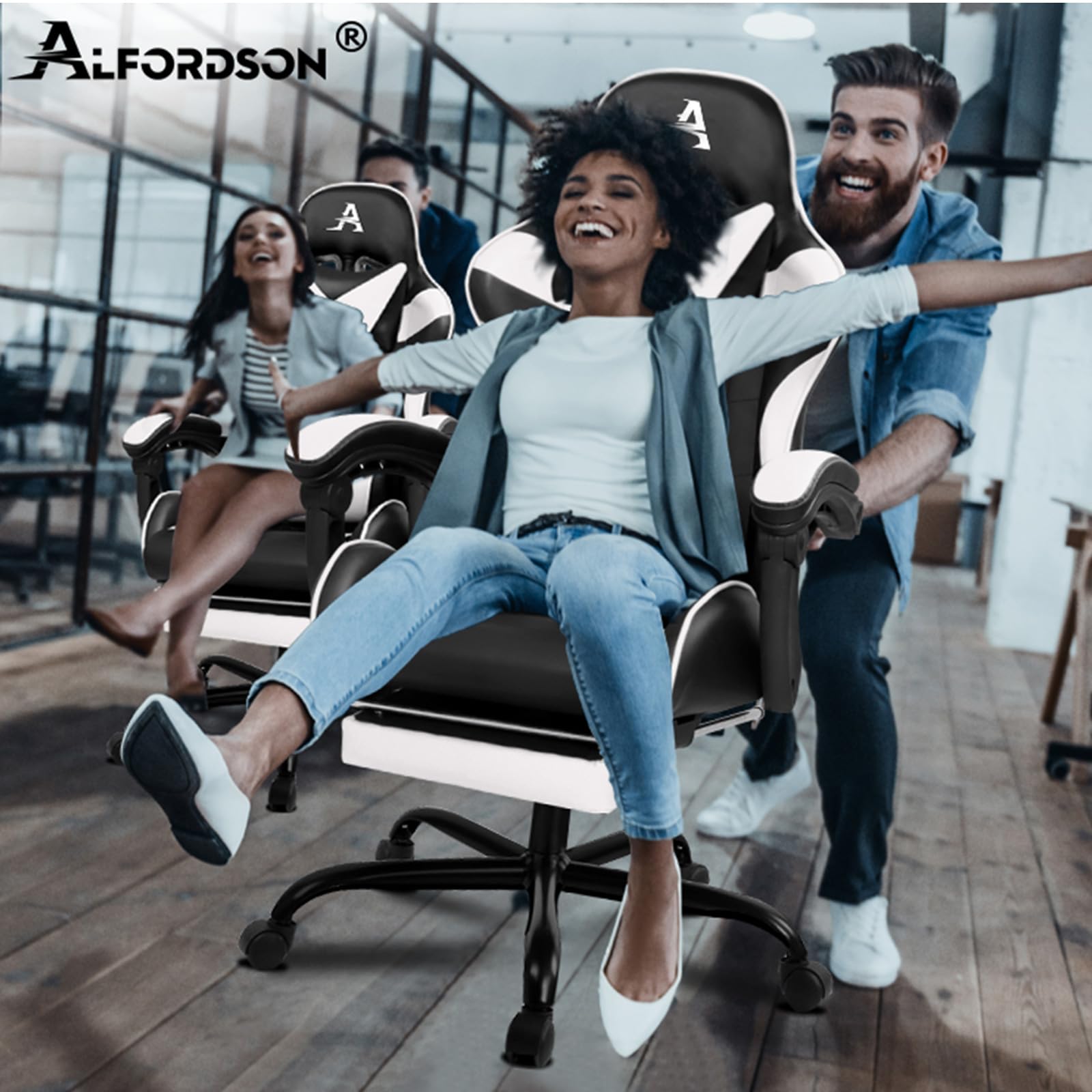 ALFORDSON Sedia Gaming Massaggiante, Sedia Gamer Professionale, Cuscino Lombare & Poggiatesta, Poltrona Ergonomica da Ufficio con Poggiapiedi, Portata 180 kg, Regolabile 90-150°, Similpelle(Bianca) | Poltrona Gamer in Similpelle Serie VOGLER, Schienale re