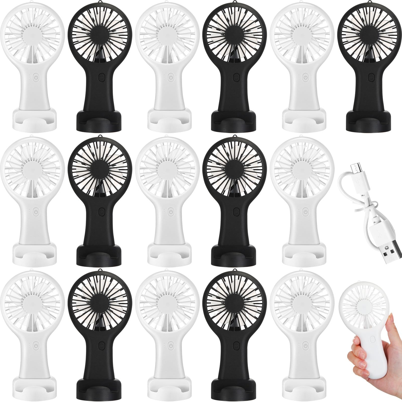 Woanger Confezione da 24 mini ventilatori portatili USB con linea dati, a batteria, ricaricabile, ventilatore elettrico portatile da viaggio (bianco, nero, 3 velocità)
