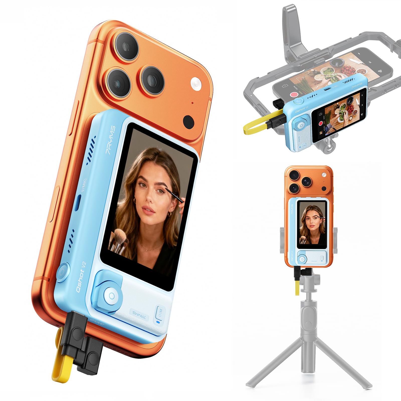 7RYMS Qshot V2 Selfie-Monitor-Bildschirm für iPhone & Android (Blau) | 4K 60fps, magnetischer Rückkamera-Monitor, Fernbedienung, Lautsprecher, Handy Bildschirm, Vlogging, Live-Streaming, TikTok