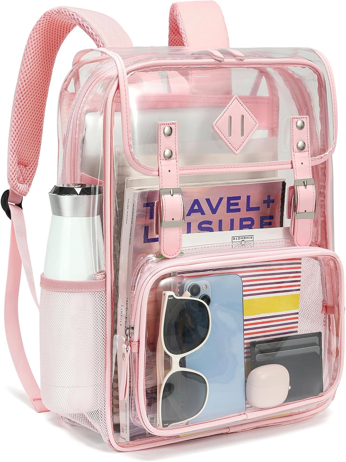 NEOREAL Clear Backpack Large Capacity Heavy Duty Transparent PVC Backpack with Leather Trim for Women College Work Travel