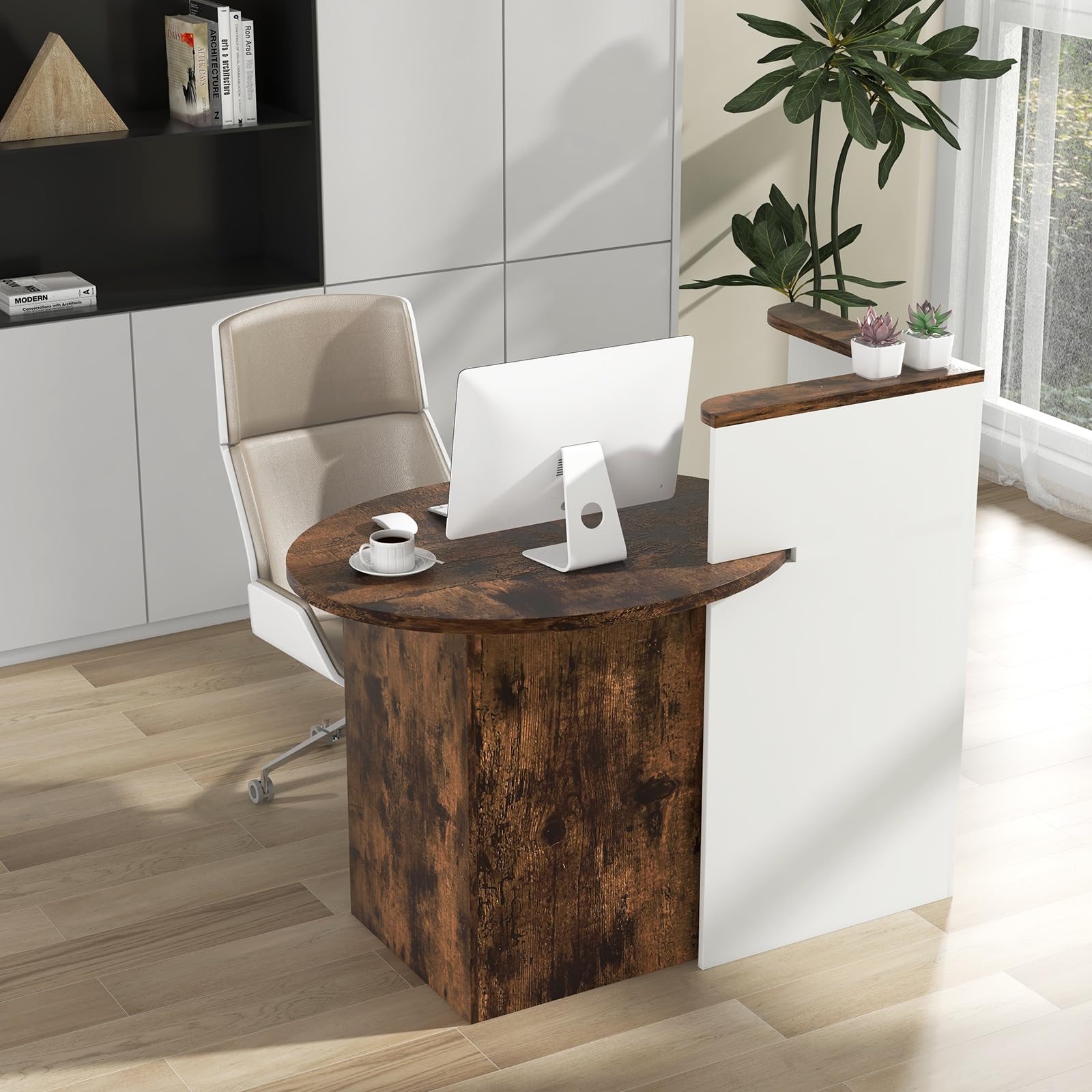 GIANTEX Comptoir de réception avec tiroir verrouillable et étagère réglable à 3 niveaux, comptoir de réception en forme de L pour entreprise, hall et magasin, 120 x 70 x 100 cm, marron et blanc
