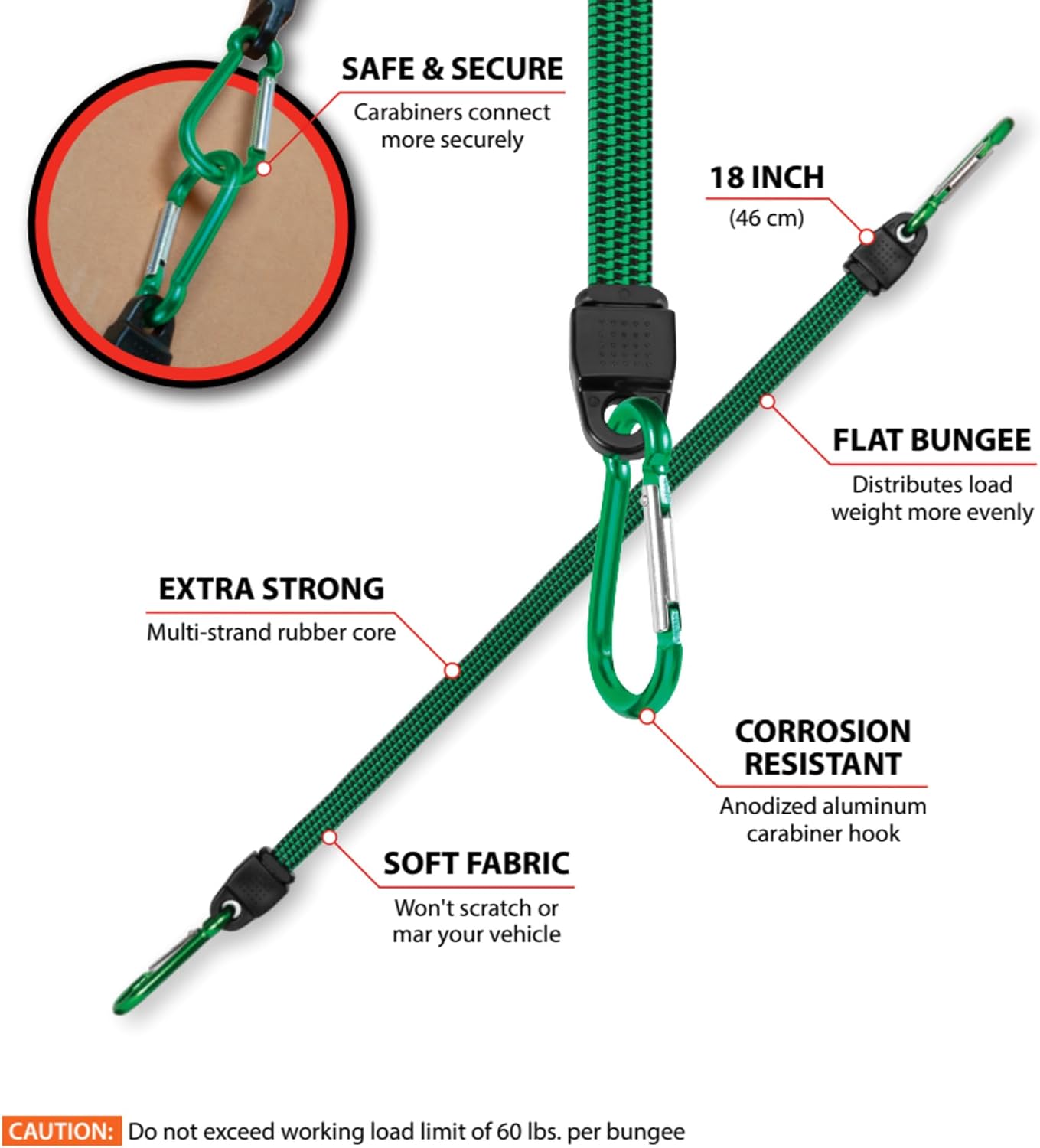 Performance Tool W1452 18-Inch Flat Bungee w/ Carabiner - Heavy-Duty, Secure and Versatile Bungee Cord for Home, Automotive and Outdoor Use