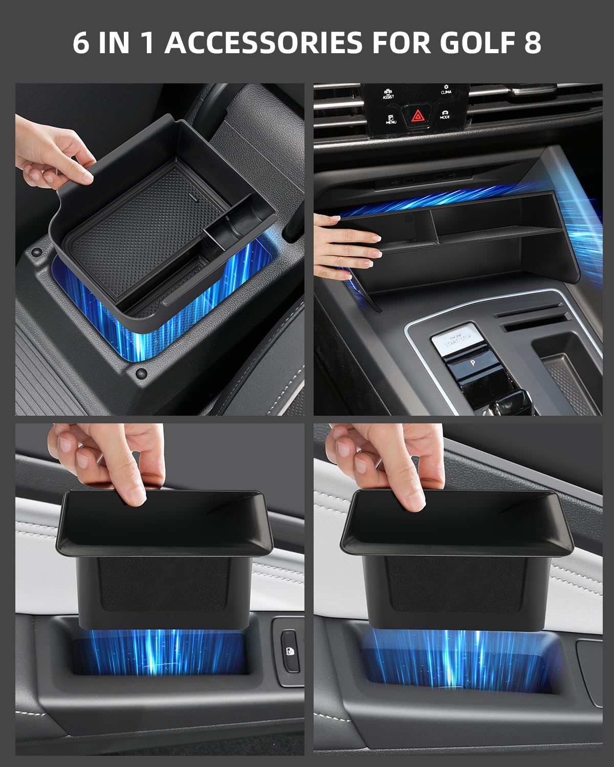Armlehne Aufbewahrungsbox für VW Golf MK8 2025 2024 2023 2022 2021 2020, Mittelkonsole Organizer mit Antirutschmatten für VW Golf 8, Vorne Türgriff Aufbewahrungsbox Zubehör