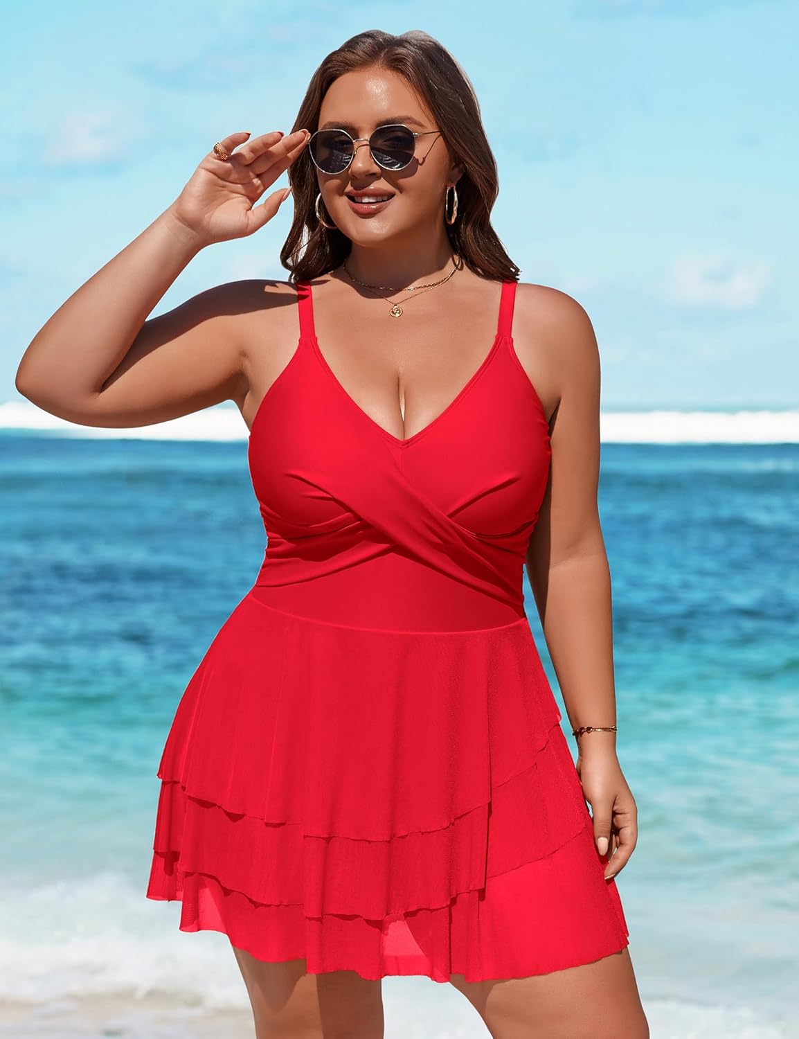 Charmo Women Plus Size Swim Dress Swimsuit Mesh Ruffle One Piece Tummy Control Bathing Suit Front Cross Swim Suits 2026
