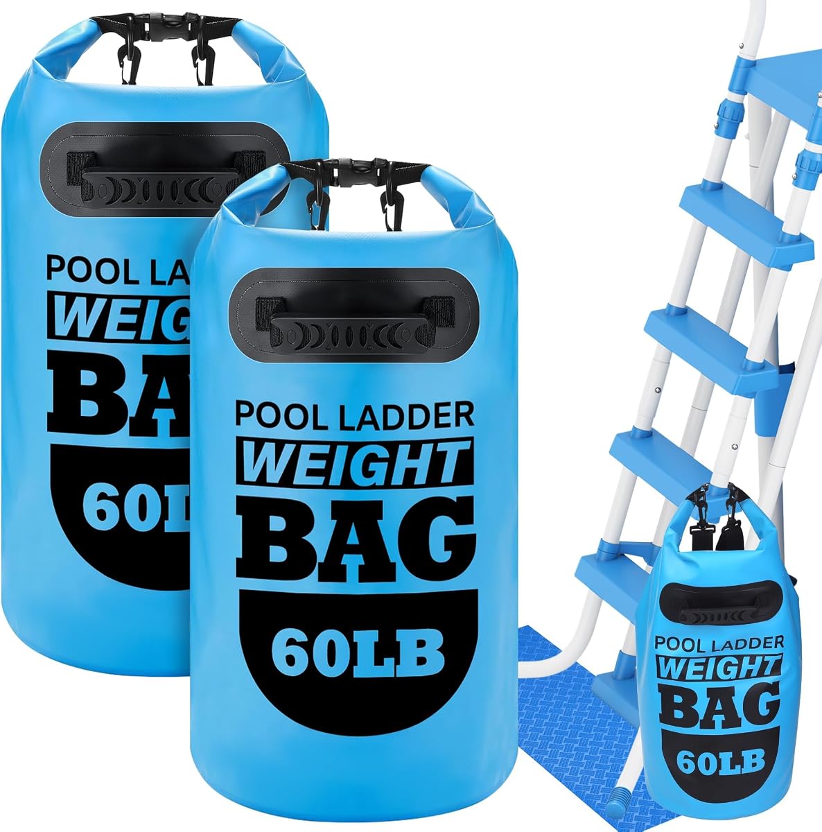 Hahood 2 Packs Pool Ladder Weights 30L Pool Step Weights with Pool Ladder Mat 500D PVC Waterproof Dry Bag with Heavy-Duty Handle for Above Ground Swimming Pool Steps, Blue