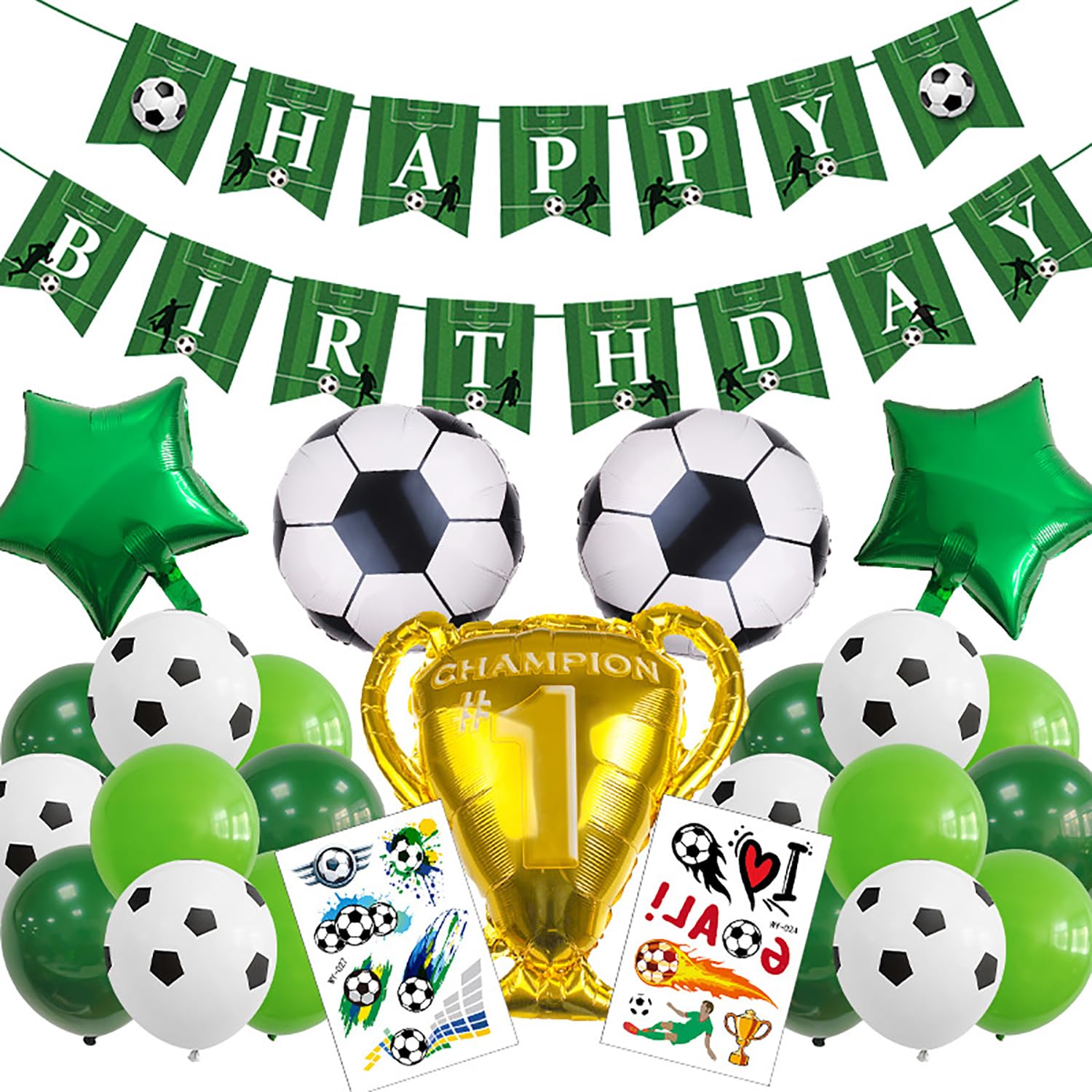 MALJI Soccer Party Balloons Kit Decorations - Championship Trophy Foil Balloons, Green White Black Latex Balloons for Birthday Sports Themed Party Supplies (A)