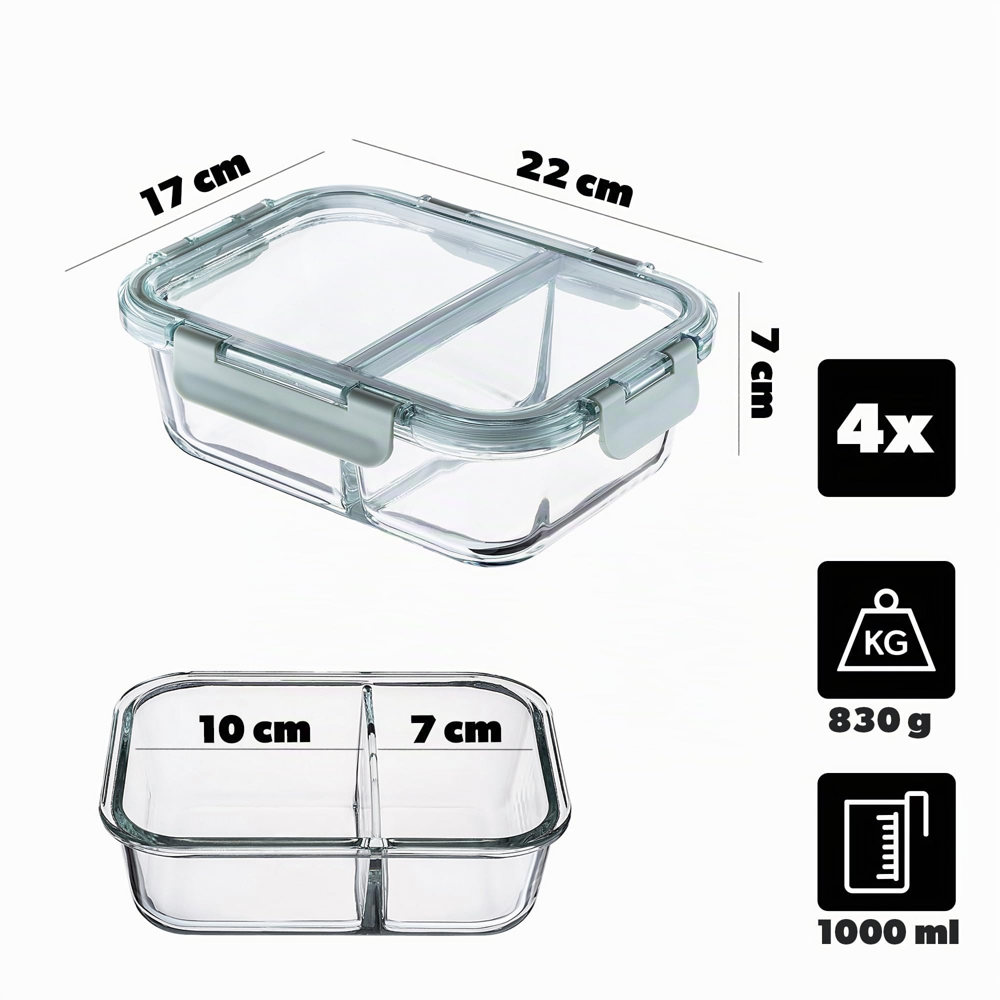 KADAX Lot de 4 boîtes de conservation en verre avec compartiments - 1 l chacun - Avec couvercle hermétique