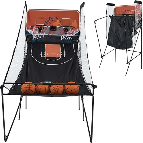 Vista 10 de GYMAX Juego de baloncesto arcade plegable para interiores con 8 modos de juego, sonido de arcade, 4 bolas y bomba de inflado, juegos de baloncesto