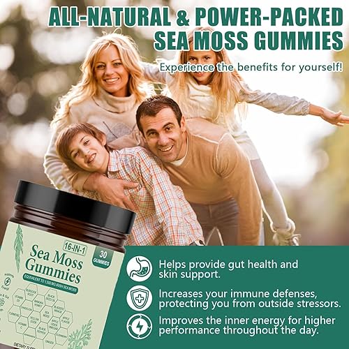 Miniatura 3 de Gomitas de musgo marino 16 en 1 Gomitas irlandesas de masa marina para mujeres y hombres con aceite de semilla negra, raíz de bardana, vejiga, miel