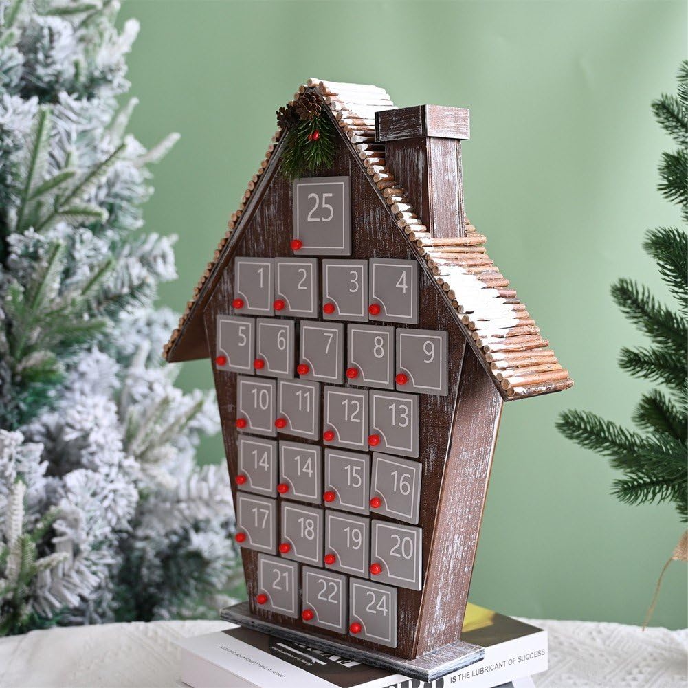 Calendario De Adviento De Madera Navideño con 25 Cajones, Casa De Madera, Calendario De Cuenta Atrás para Navidad, Adorno Festivo para Hogar