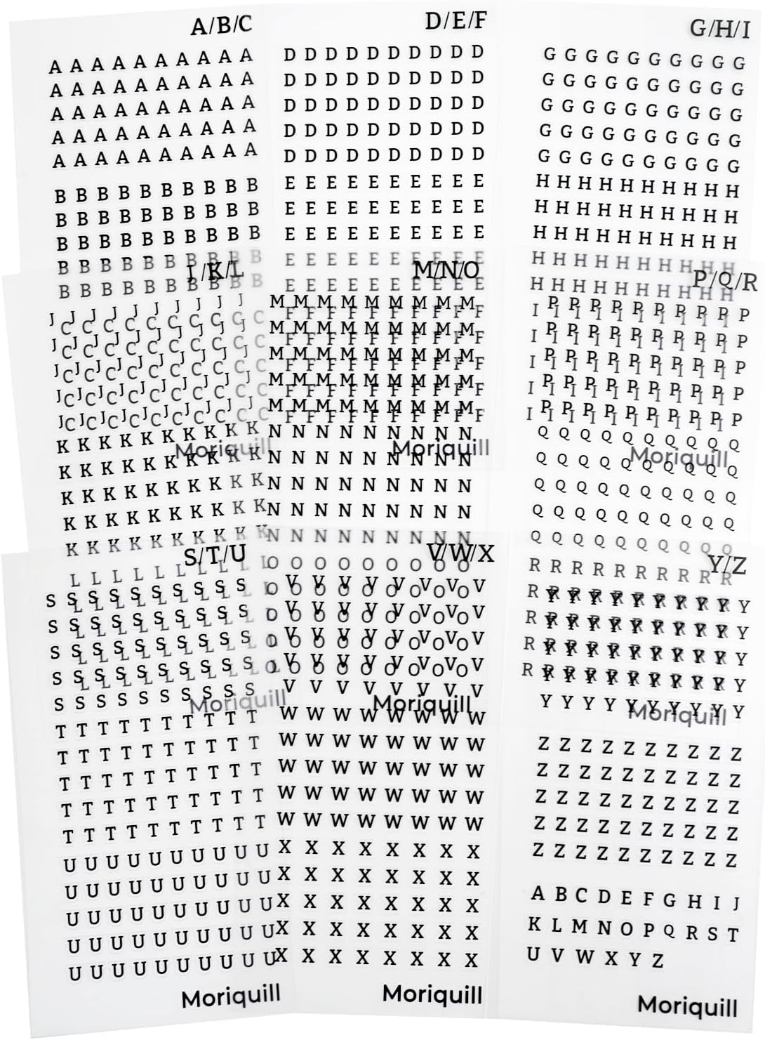 1281pcs Tiny A–Z Alphabet PET Stickers, 9 Sheets, 5mm Black Capitals - Pre-Cut Labels, Water-Resistant, 10mm Punch Margin for Scrapbook Pages, Journals, Planners, Gift Tags and Cards