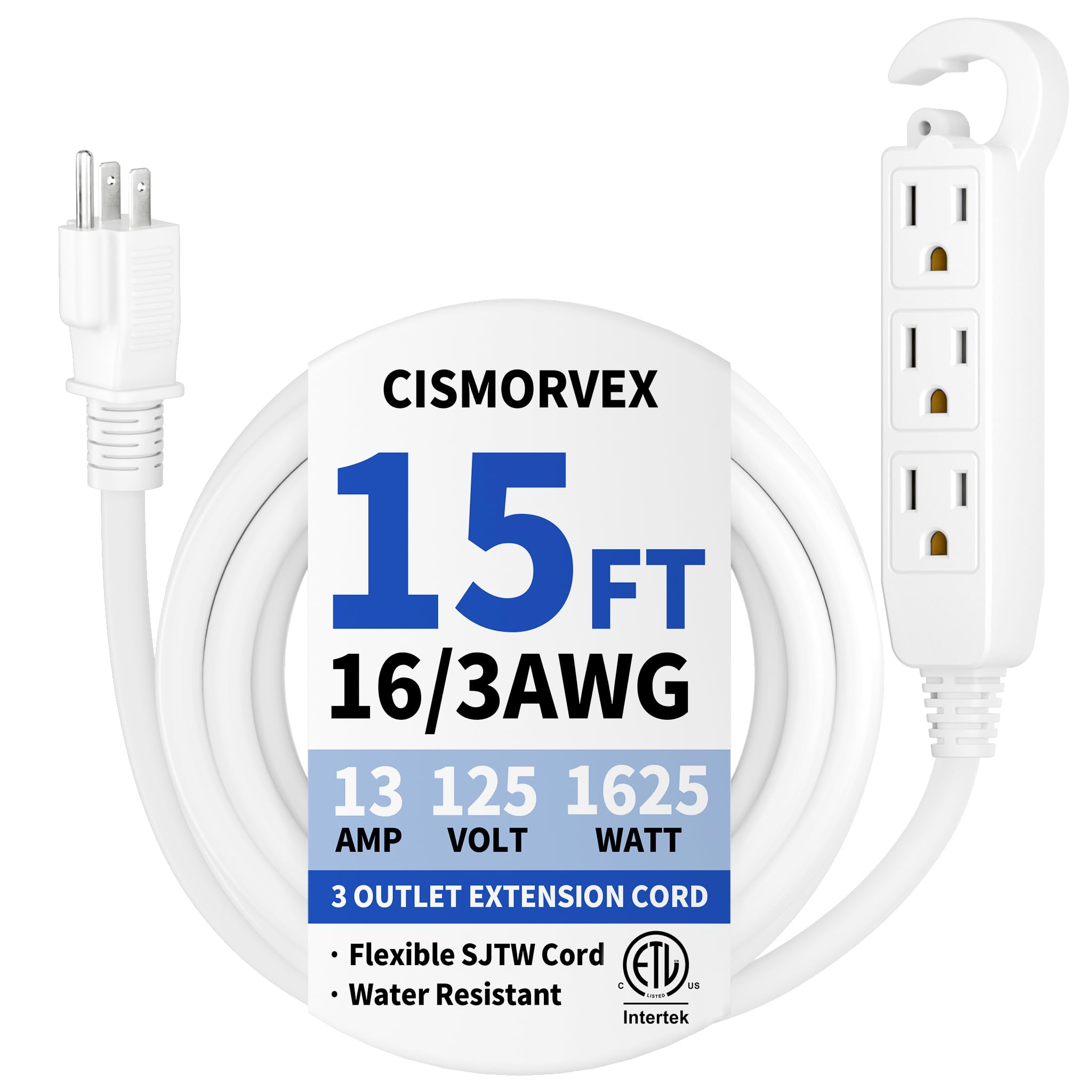 Photo 1 of 15 Ft 3 Outlet White Extension Cord, Grounded Extension Cord with Multiple Outlets, 16/3 AWG 3 Prong Power Strip for Indoor Use, 13A 125V 1625W, ETL Listed, White