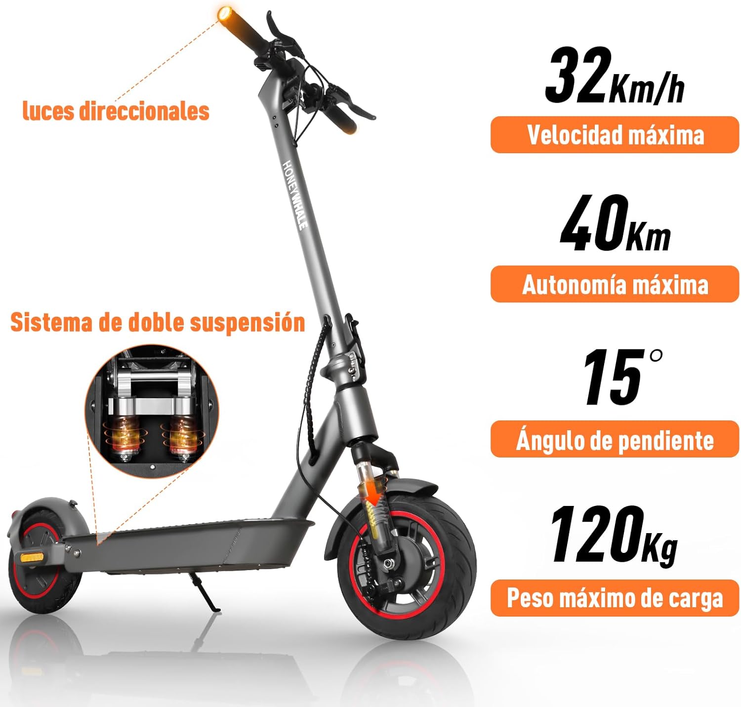 Diagram showing the HONEYWHALE E9 MAXS electric scooter's key performance specifications: 32 km/h maximum speed, 40 km maximum range, 15-degree climbing angle, and 120 kg maximum load capacity.
