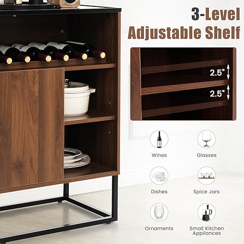 Miniatura 8 de Giantex Armario para bar de vinos, pequeño aparador con parte superior de vidrio templado, patas y estante ajustables, puerta corredera, mesa