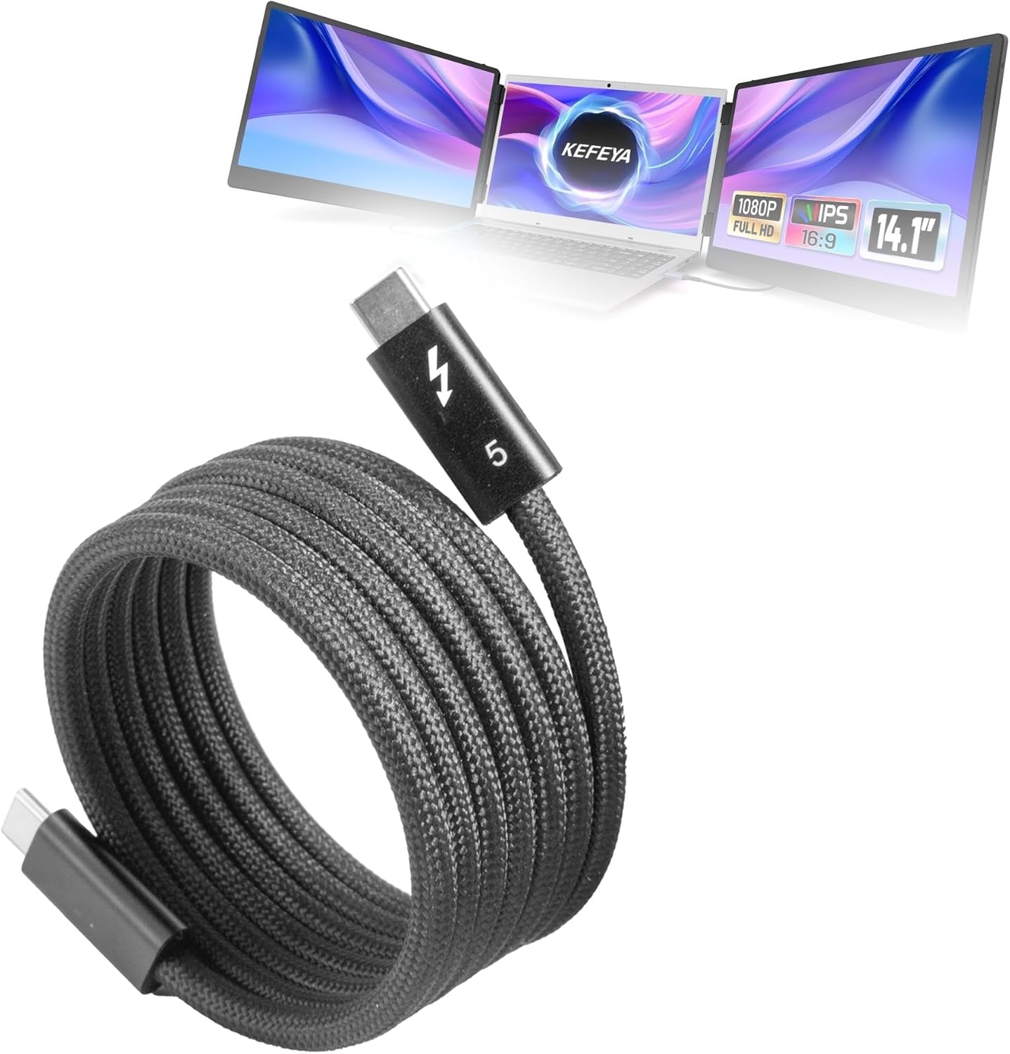 BoxWave Cable Compatible with Kefeya S3 Triple Laptop Screen Extender (14 in) - SnapWrap Thunderbolt 5.0 Cable (5ft 240W), Magnetic Self-Coiling Nylon Braided Retractable - Jet Black