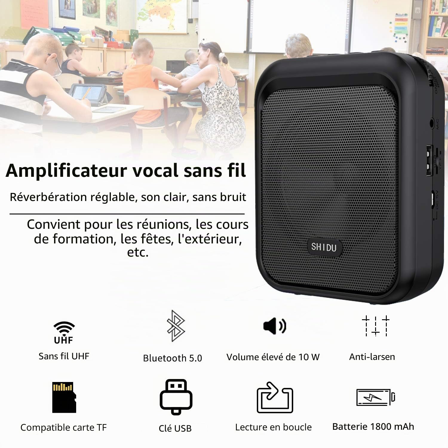 SHIDU mini haut-parleur Bluetooth portable amplificateur vocal avec écouteur sans fil UHF système de sonorisation 10W 1800mAh, chanteur, Conducteur de taxi, formation, guide touristique