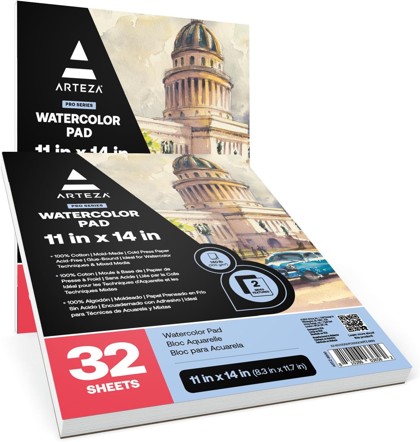 ARTEZA Watercolor Paper, Pack of 2, 32 Sheets Each, 11x14 Inches Watercolor Sketchbook, 140lb/300gsm, Cold Press, Acid Free Art Paper