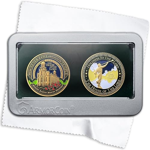 Armor Coin & Emblem - Medallones del templo LDS Logan Utah con caja de lata de lujo y paño de pulido adicional, juego de 2 medallones