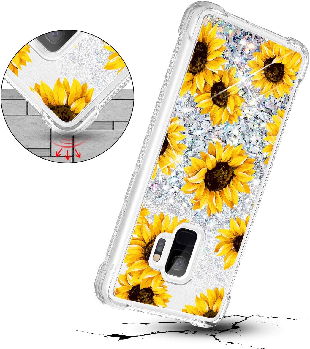 Caka Galaxy S9 Case, Galaxy S9 Glitter Case Sunflower for Girls Women Bling Liquid Flower Floral Fashion Flowing Floating Sparkle Glitter Soft TPU Case for Samsung Galaxy S9 (Sunflower)