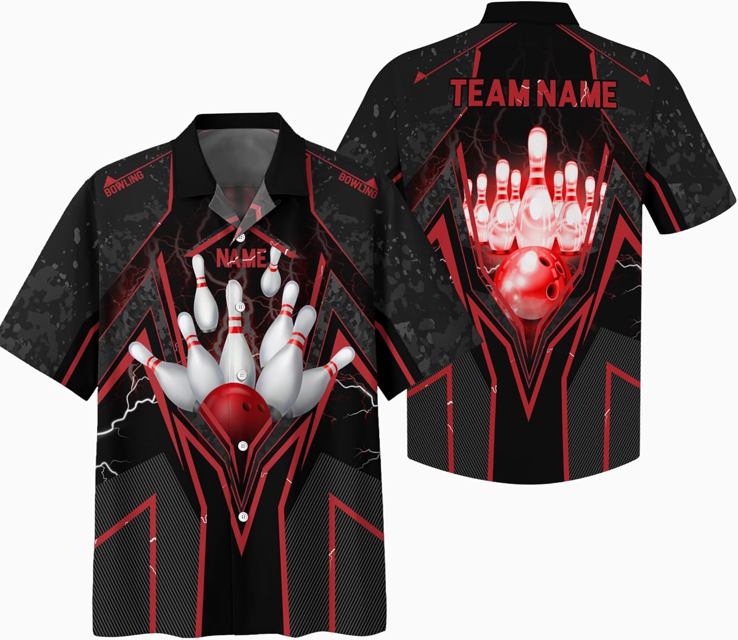 Personalized Bowling Hawaiian Style 3D Button Up Shirt with Bowling Theme and Red Lightning Pattern Graphic On it for Bowler