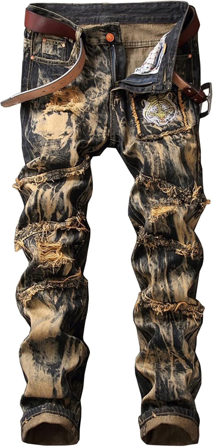 Men's Ripped Straight Retro Jeans Vintage Style with Holes Jeans Ripped Slim Fit Straight Leg Denim Pants