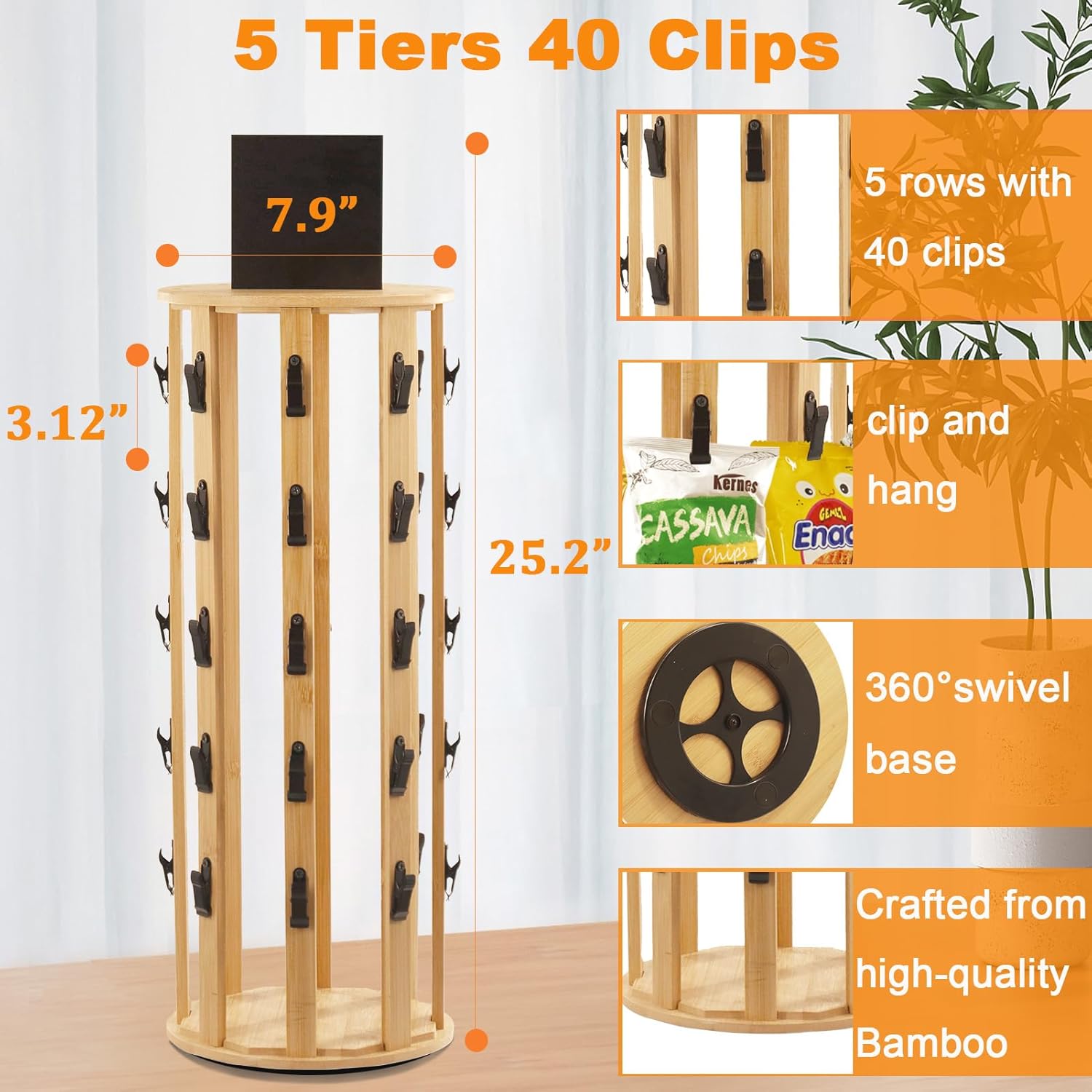 Chip Rack Display Stand, 5 Tiers 40 Clips Snack Organizer for Pantry Shelf, 360° Rotating Base Candy Table Display Sets, Snack Retail Display Rack for Parties,With Message Board