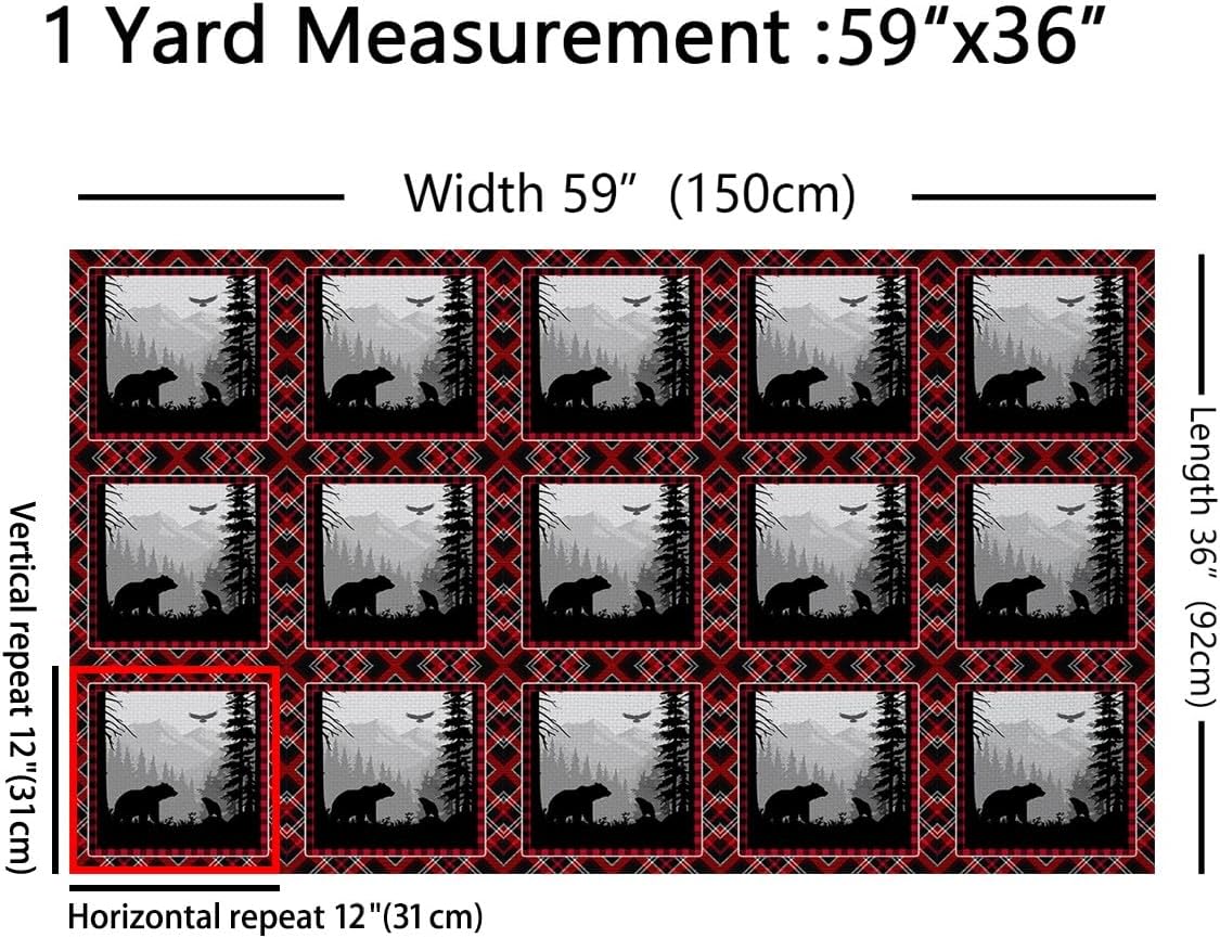 Cute Bear Wild Animal Pattern Decorative Waterproof Outdoor Fabric Nature Wildlife Upholstery for Chairs Western Farmhouse Black Red Plaid 2 Yards by The Yard