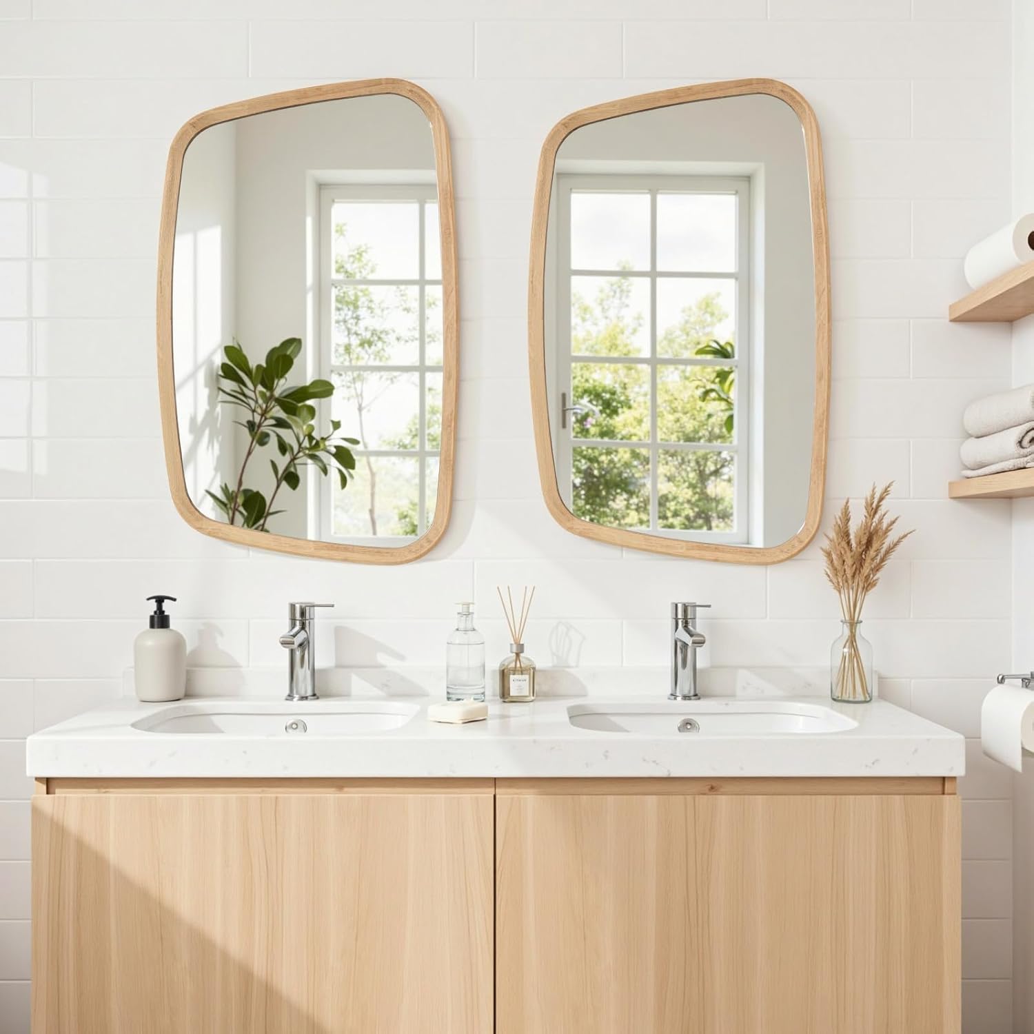 20"x31" Natural Wood Wall Mirror,Farmhouse Irregular Bathroom Mirror,Rustic Wooden Frame Vanity Mirror Horizontal/Vertical Hanging for Bedroom Living Room Entryway