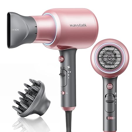 Wavytalk Professional Ionic Hair Dryer Blow Dryer with Diffuser and Concentrator for Curly Hair 1875 Watt Negative Ions Dryer with Ceramic Technology Nozzle for Fast Drying as Salon Light and Quiet