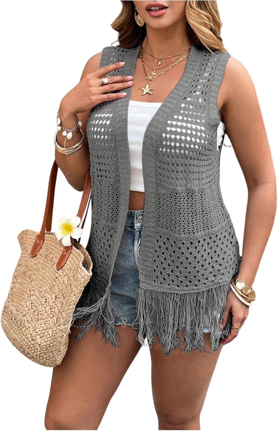 Women's Plus Size Boho Fringe Sleeveless Cardigan Open Front Hollow Out Crochet Knit Vest