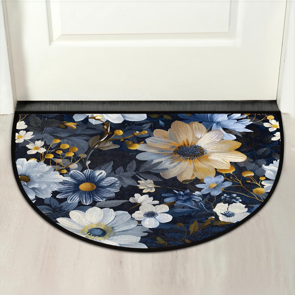 Half Round Door Mat Flower Beautiful Blue Half Moon Rug Washable Half Circle Area Rugs Indoor Entrance Non Slip Semi Circle Bathroom Rugs Floor Carpet for Kithen Bedroom Fireplace Decor