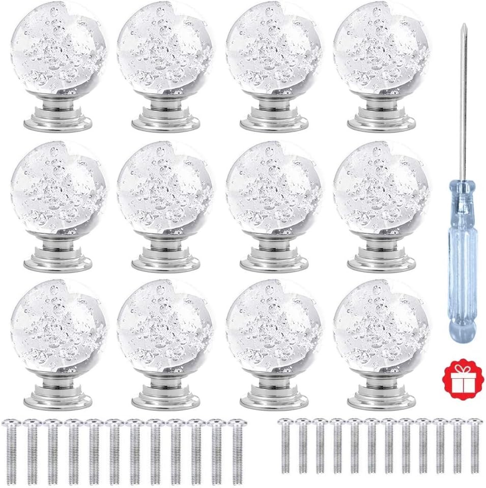 12 Pcs 30mm Round Shape Bubble Crystal Glass Cabinet Knobs with Screws Drawer Knob Pull Handle Used for Kitchen, Dresser, Door, Cupboard (Clear)