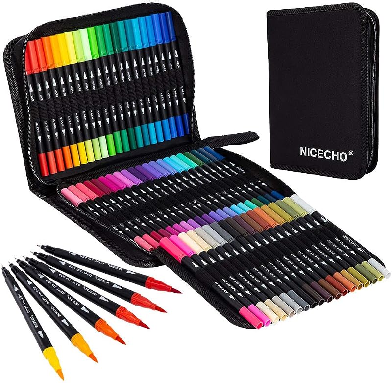 Rotuladores artísticos de doble pincel, marcadores de 60 colores para libros de colorear para adultos | Bolígrafos de secado rápido sin sangrado, delineador fino y pincel para diario, caligrafía, dibujo y bocetos