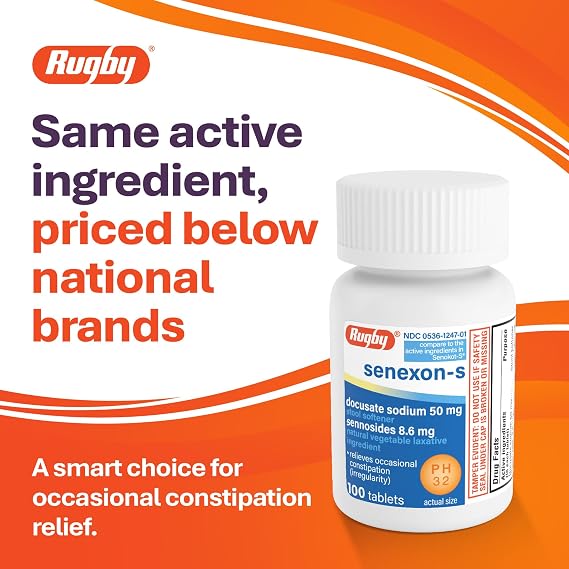 Rugby Senexon-S, Docusate Sodium 50mg, Sennosides 8.6mg, 100 Count (1-Pack)