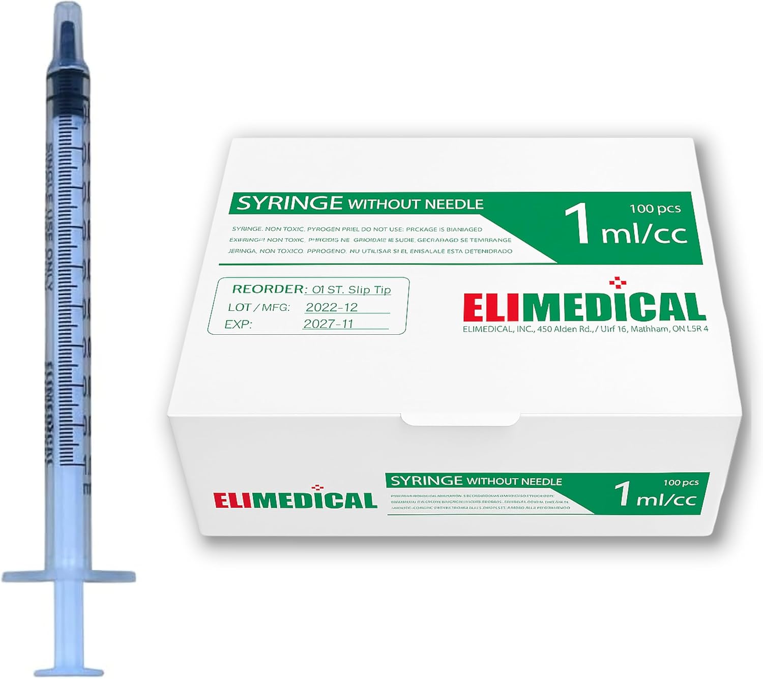 Elimedical Veterinary Disposable Syringe, 1cc Luer Slip, Without Needle, Individually Packaged, 100 per box, 01ST