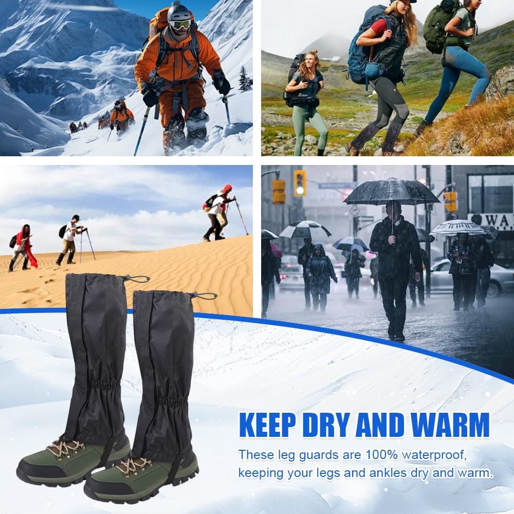 Guetres de Randonnée Homme Femme,Guetre Chasse Imperméable,Guêtres D'extérieur de Montagne Réglables,Guetre Jambe de Protection avec Fermeture et Sangles Réglables pour Escalade, Ski - Noir