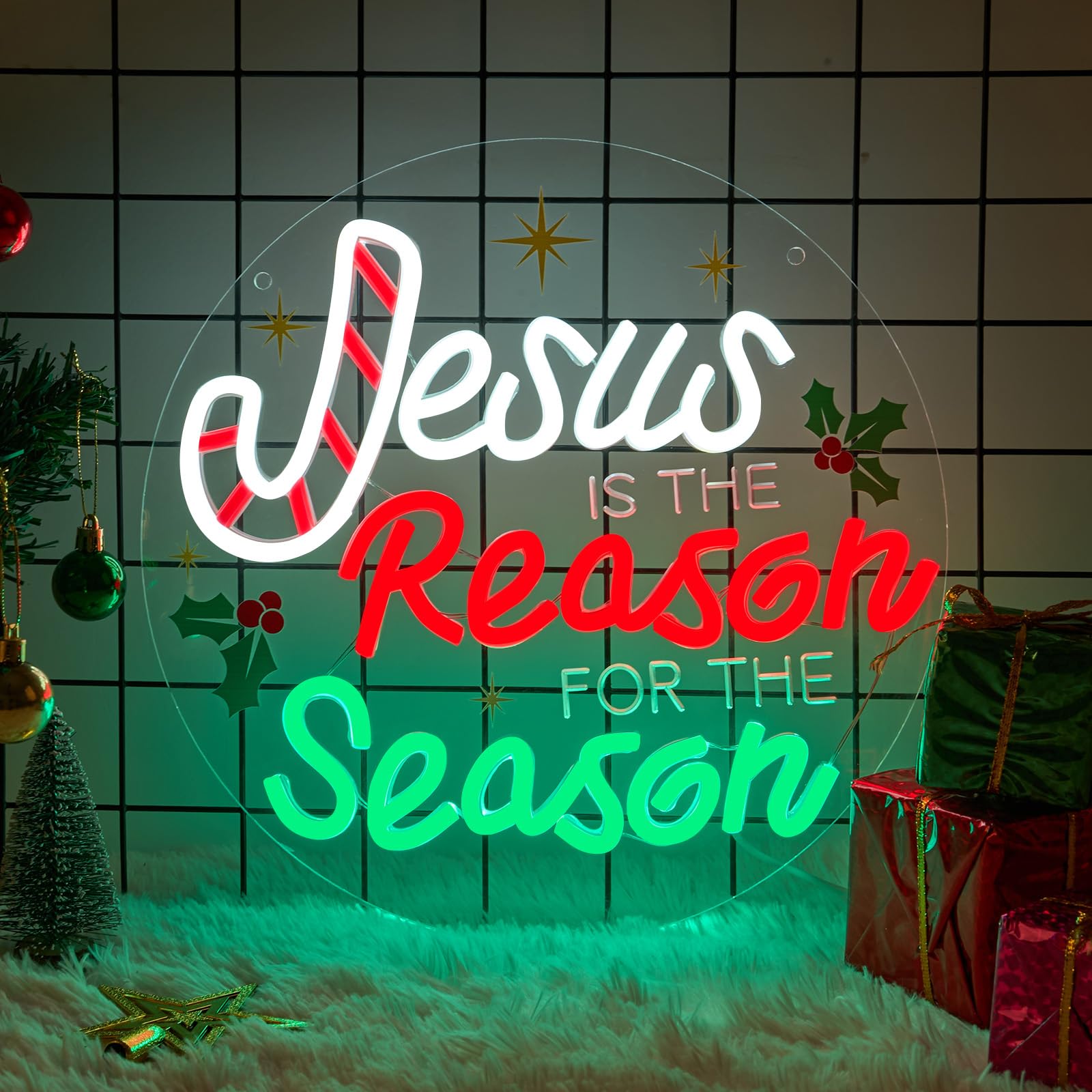 Letrero de neón con texto en inglés "Jesus Is the Reason for the Season" - Letrero de neón cristiano de Navidad, decoración de pared, Jesús es la razón, letrero LED acrílico para pared