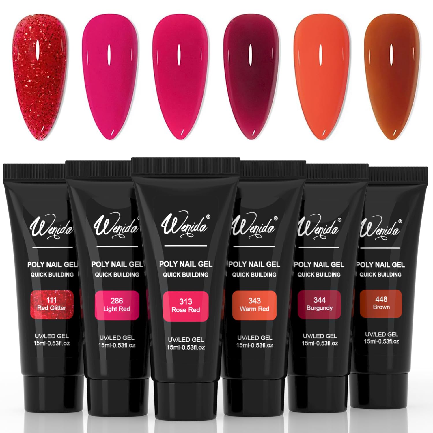 Nail Extension Gel Kit Wenida 6 Colors Red Collection Shimmer Burgundy Nail Builder Gel Classic Nail Enhancement Gel Set for Home DIY Nail Manicure Art