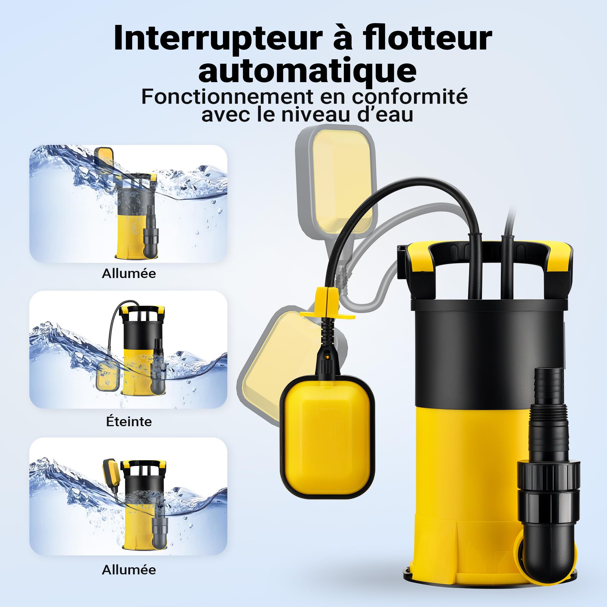 Wiltec Pompe à eau immergée à aspiration plate 400 W – Jusqu’à 1 mm – 8000 l/h – Refoulement max. 5 m, profondeur max. 7 m – Interrupteur à flotteur, Thermorégulateur – Pompe submersible Eau propre