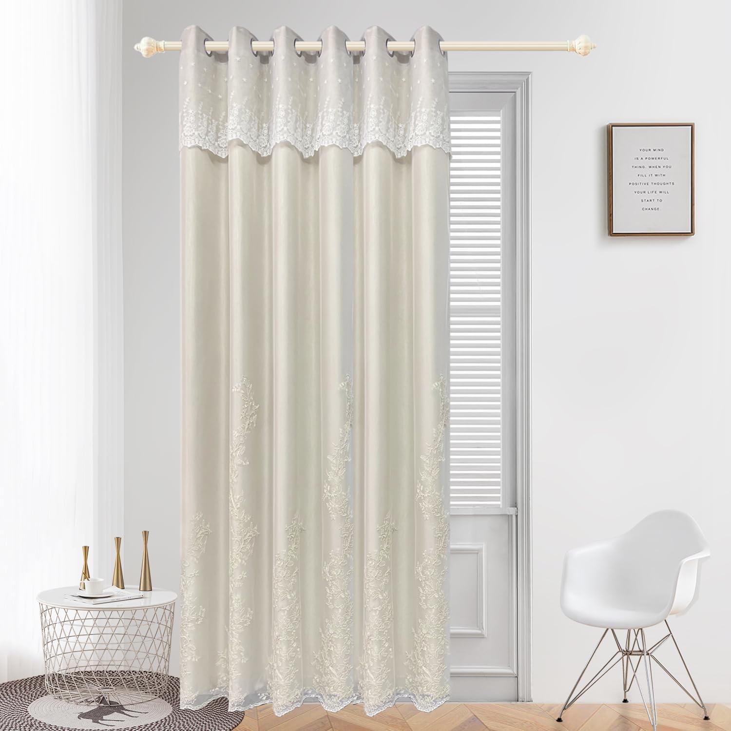 European Double Layer Curtain with Attaches Lace Valance for Living Room Bedroom Grommet Top Elegant Lace Embroidery Sheer Plus Beige Blackout Cloth Drapes for Sliding Door 1PC W52 L84 Inch