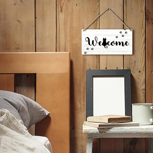 Miniatura 2 de Divertido letrero de madera impreso de bienvenida con gato negro para colgar en la pared, letreros de pared colgantes rústicos para decoración del