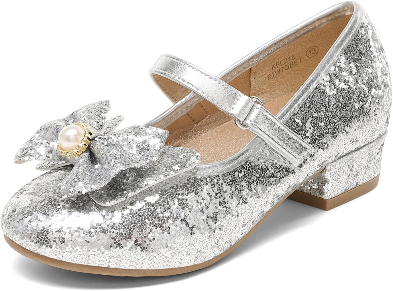 – Girls Dress Shoes Princess Shoes for Toddler Little Girl Mary Jane Low Heels Glitter Flower Party Wedding Footwear,Size 3 Little Kid,Sliver,KFL218