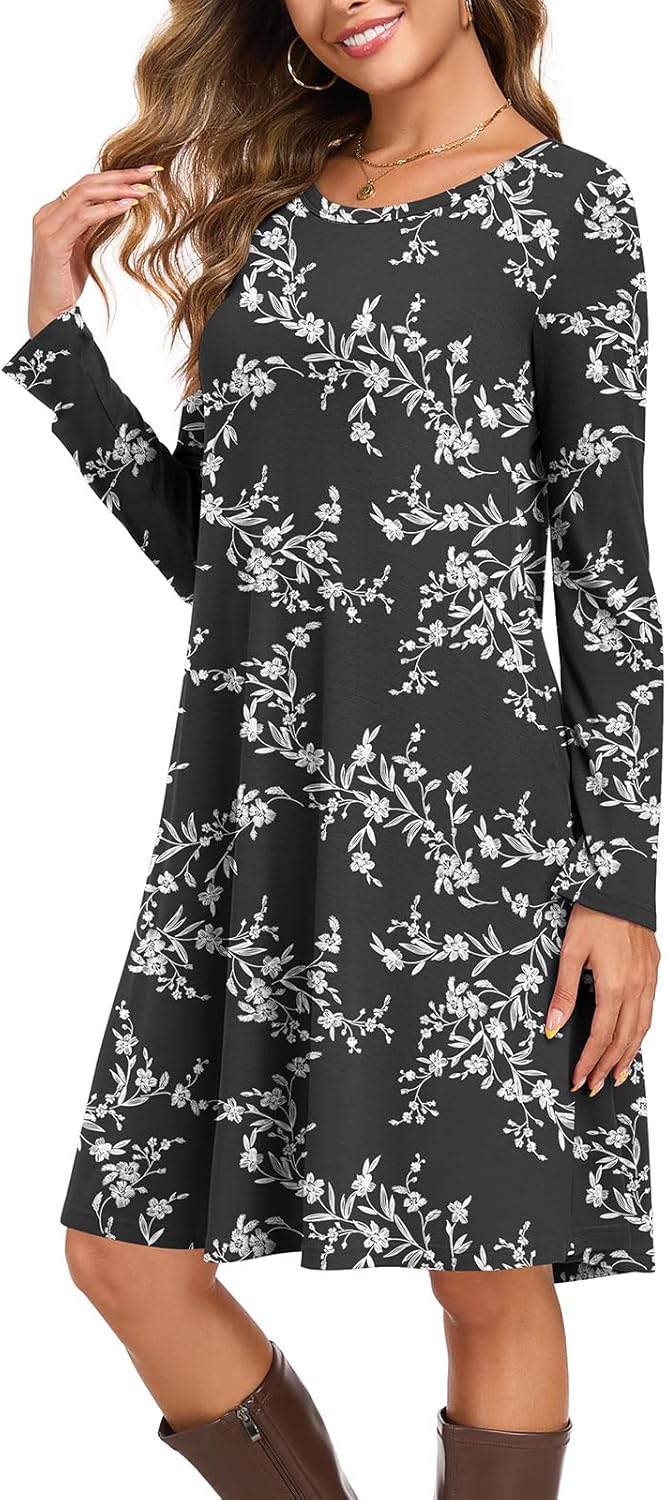 Women's Long Sleeve T-Shirt Dress Casual Loose Fit Swing Dress for Fall Winter with Pockets - Image 2