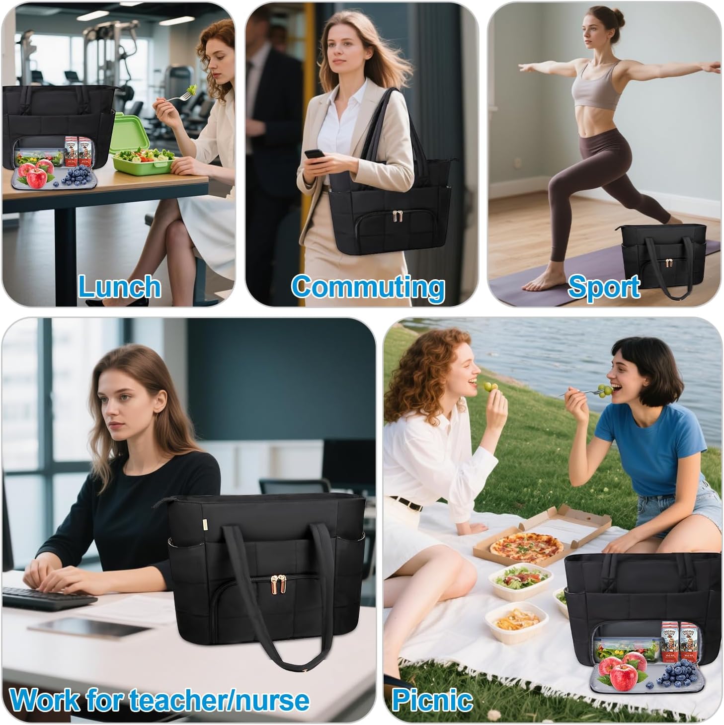 Work Laptop Tote Bags with Insulated Lunch Compartment& Clutch Purse, Lightweight Puffer Lunch Tote Bag with 15.6 Inch Laptop Compartment for Women Daily Business Office Teacher Nurse (Black) - Image 9