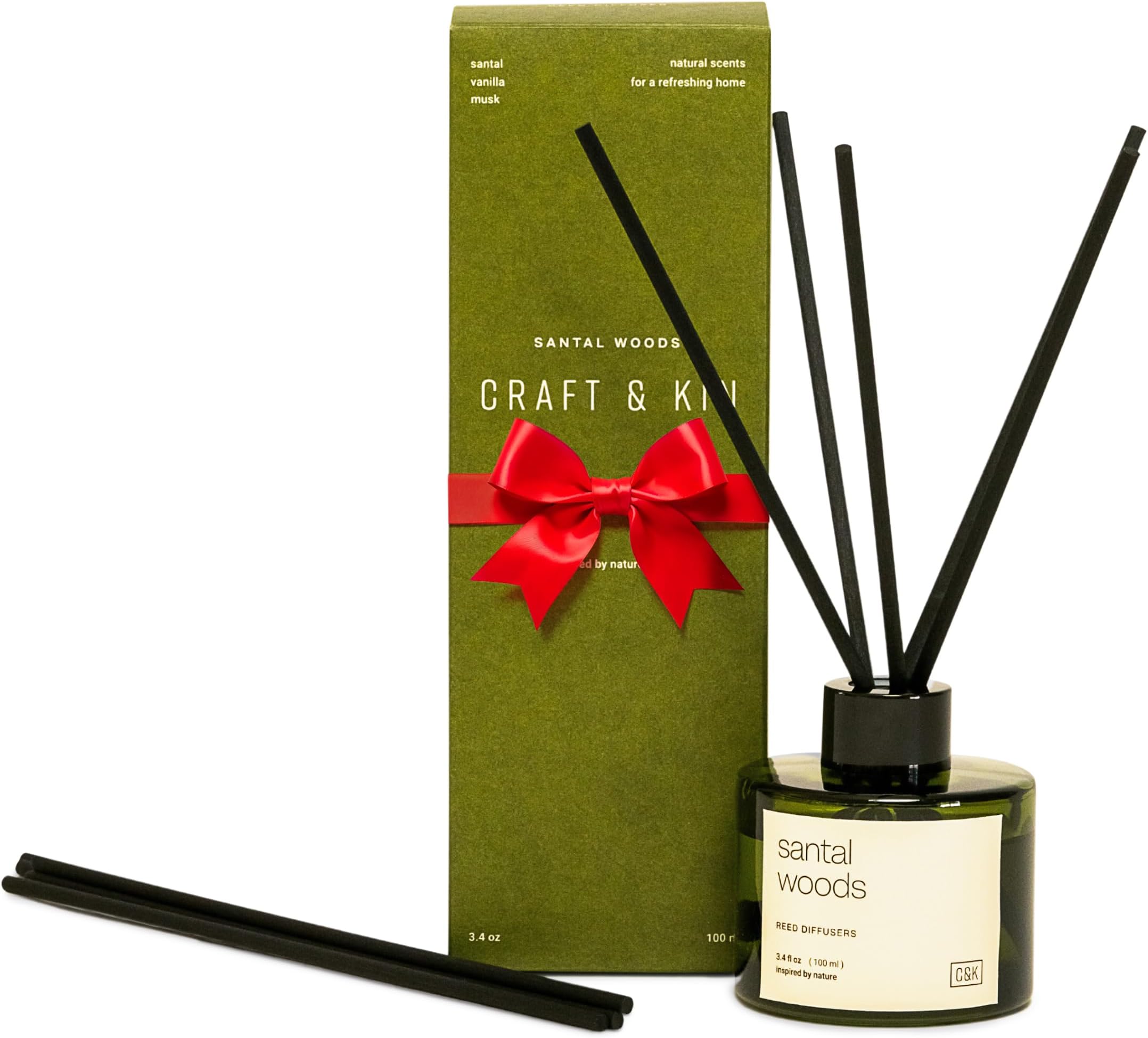 Santal Woods Christmas Reed Diffuser | All Natural Essential Oil & Rattan Scent Sticks | Holiday Reed Diffusers for Home, Bathroom | Long Lasting Home Fragrance in Green Glass, 3.4oz