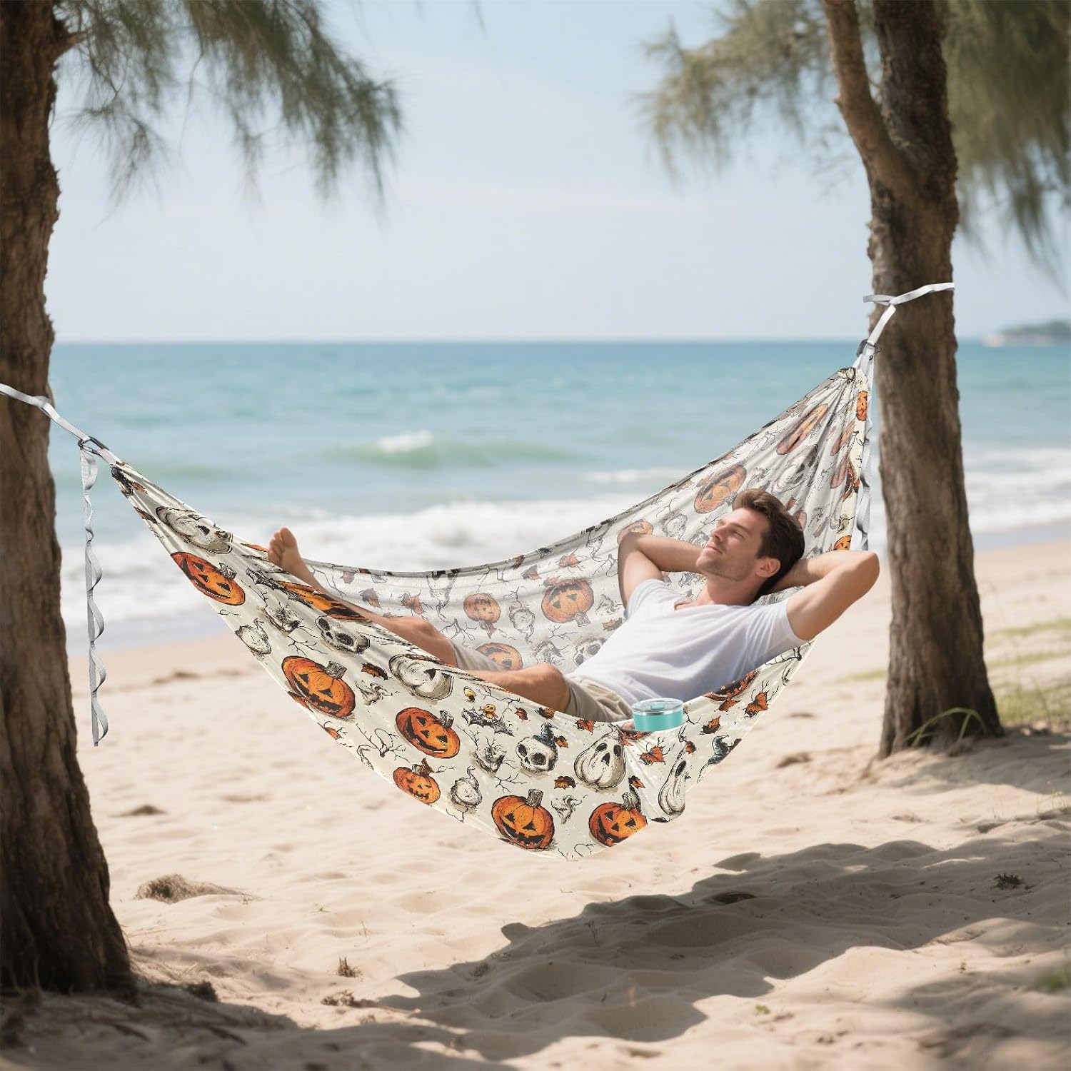 ALAZA Halloween Pumpkin Skull Camping Hammocks Single or 2 Person 500 lbs Portable Parachute Travel Hammock w/Tree Straps for Hiking Backpacking Indoor Outdoor